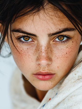 Closeup portrait of a young woman with freckles and intense gazeの素材
