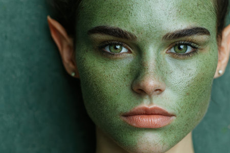 close-up of a green-skinned person with striking eyesの素材