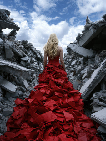 woman in red dress standing on rocky terrainの素材