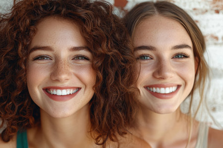 Smiling young women with curly and straight hairの素材