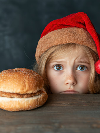 Sad child with hamburgerの素材