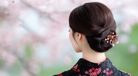 woman with traditional japanese hairstyle and floral kimonoの素材