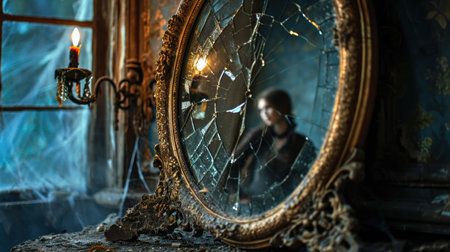 Broken antique mirror with candle lightの素材
