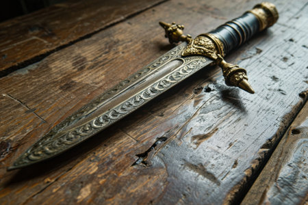 Ornate antique dagger on wooden surfaceの素材