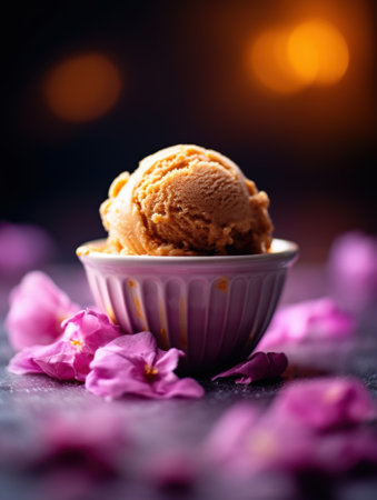 Delectable pumpkin ice cream scoop in a ramekin with vibrant pink flowersの素材
