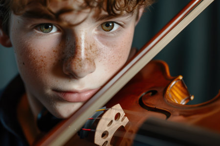 Close-up portrait of a young boy with a violinの素材