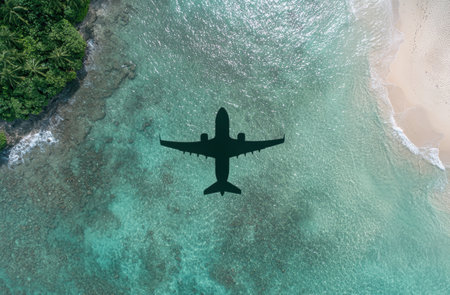 Aerial view of airplane flying over turquoise oceanの素材