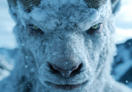 Closeup of a snowy animal faceの素材