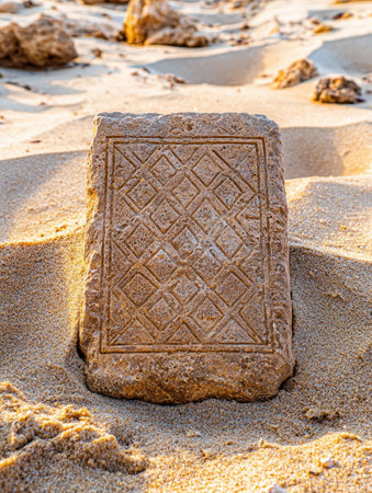 Carved stone block on sandy beachの素材