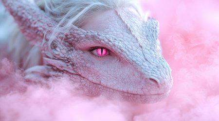 close-up of a dragon's eye with vibrant pink irisの素材