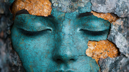 Weathered stone face with closed eyesの素材