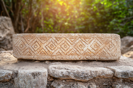 Carved stone block with intricate tribal patternsの素材