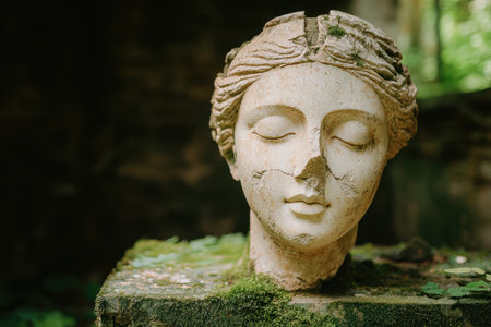 ancient stone face sculpture in forestの素材