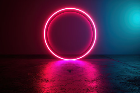 Glowing neon circle over serene ocean landscapeの素材