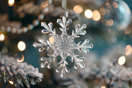 Sparkling snowflake ornament on christmas treeの素材