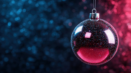 Sparkling Christmas ornament hanging against blurred lightsの素材