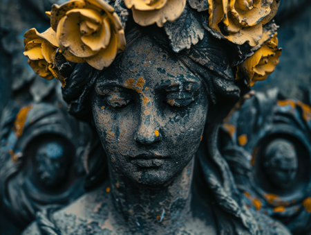 Weathered statue with flowersの素材