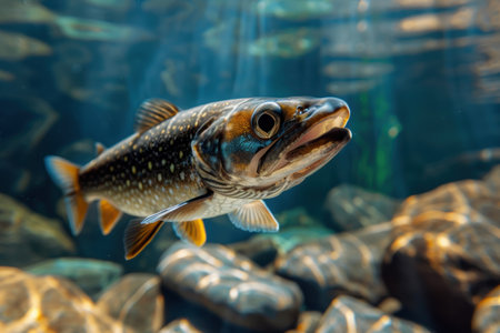 Closeup of a colorful freshwater fish swimming in an aquariumの素材