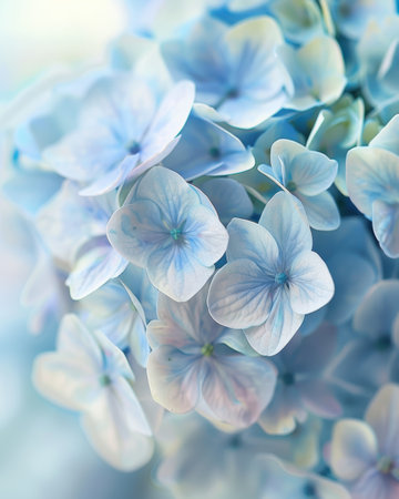 Delicate blue hydrangea flowers in soft focusの素材