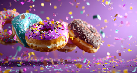 Colorful donuts with sprinkles and confettiの素材