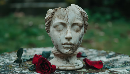 Weathered stone bust with red rosesの素材