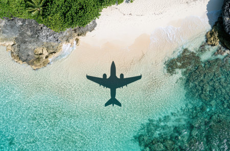 aerial view of a tropical beach with a plane silhouetteの素材