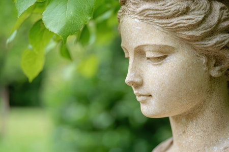 serene stone statue in lush greeneryの素材