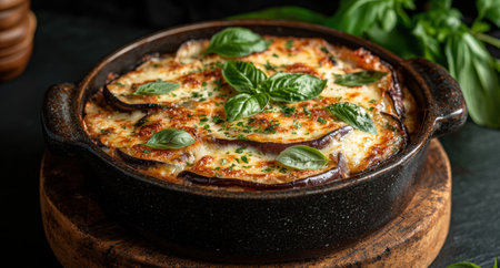 Delicious baked eggplant casserole with melted cheese and fresh basilの素材