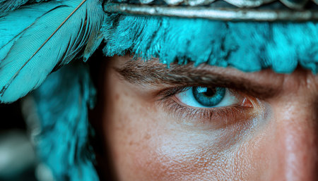 Vibrant blue feathers frame a captivating eyeの素材