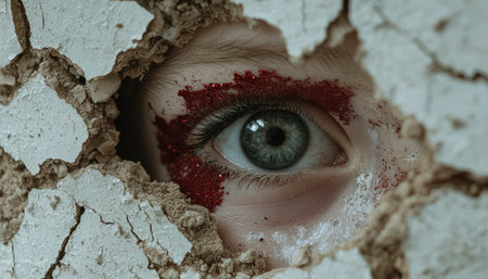 close-up of a mysterious eye surrounded by cracked and damaged textureの素材