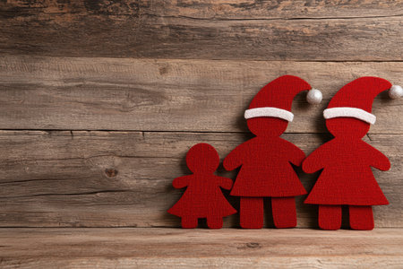 family christmas figures on wooden backgroundの素材