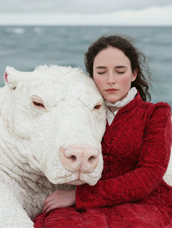 woman embracing white sheep on beachの素材