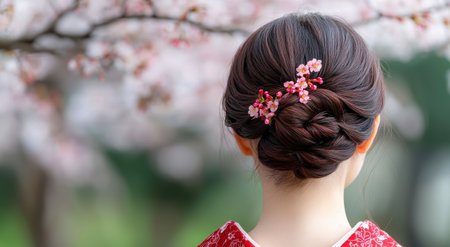 woman with floral hairstyle in front of cherry blossomsの素材