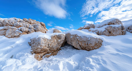 Snowy mountain landscape with rocky formationsの素材