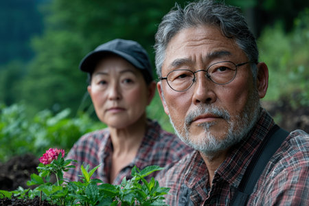 senior asian couple gardening in natureの素材