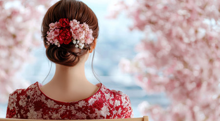 woman with floral hairstyle in front of cherry blossomsの素材