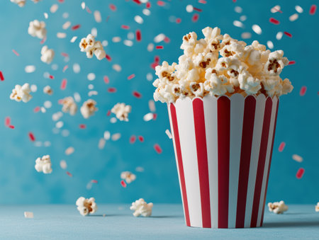 popcorn in a striped container with confettiの素材