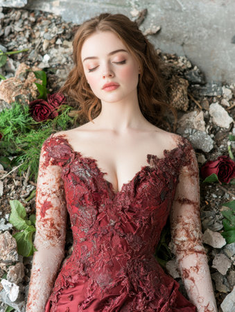 Elegant woman in red lace dress posing in natureの素材