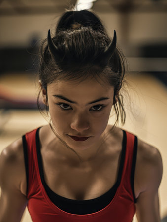 Intense woman with horns in workout clothesの素材