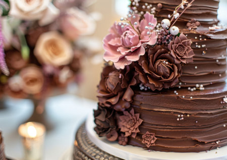 Decadent chocolate wedding cake with pink and brown floral decorationsの素材