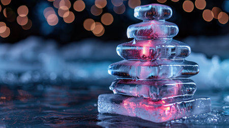 Stacked ice sculptures glowing in the nightの素材