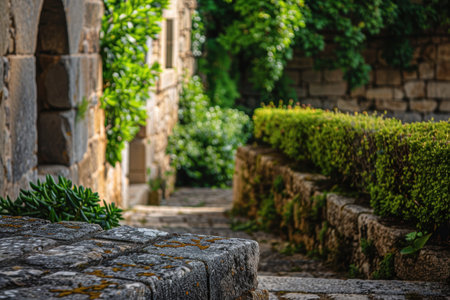 Lush green garden with stone pathwayの素材