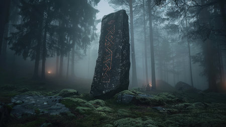 Mysterious rune-covered monolith in misty forestの素材