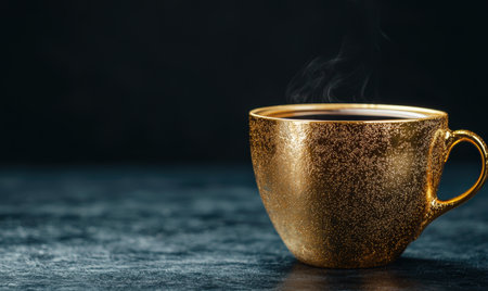 Steaming hot coffee in a golden glittering mugの素材