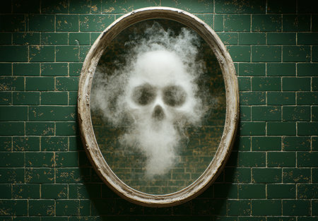 Spooky skull-shaped smoke cloud in vintage frameの素材