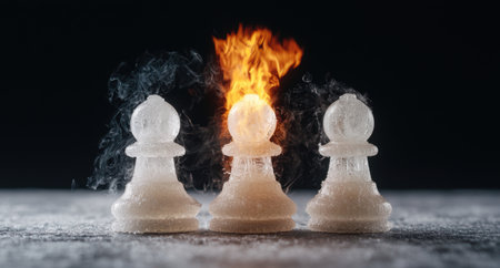 Fiery chess pieces on a snowy surfaceの素材
