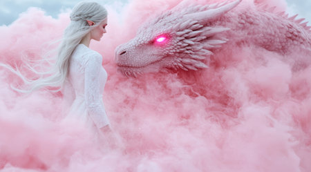 fantasy dragon and woman in white dressの素材