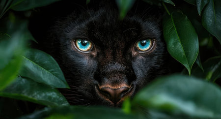 Mysterious black cat with piercing blue eyes in the jungleの素材