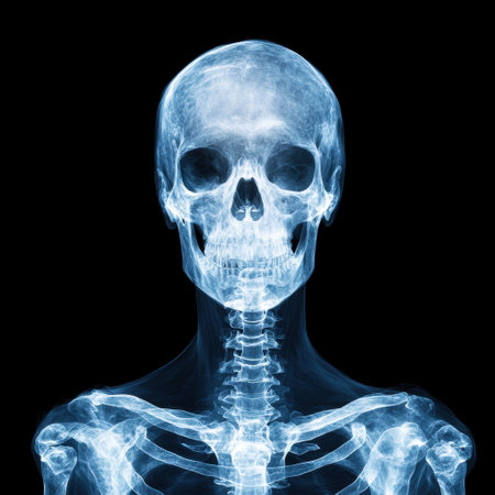 Transparent x-ray image of a human skull and skeletonの素材