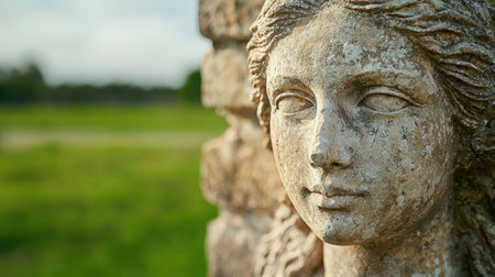 Serene stone statue in a natural landscapeの素材